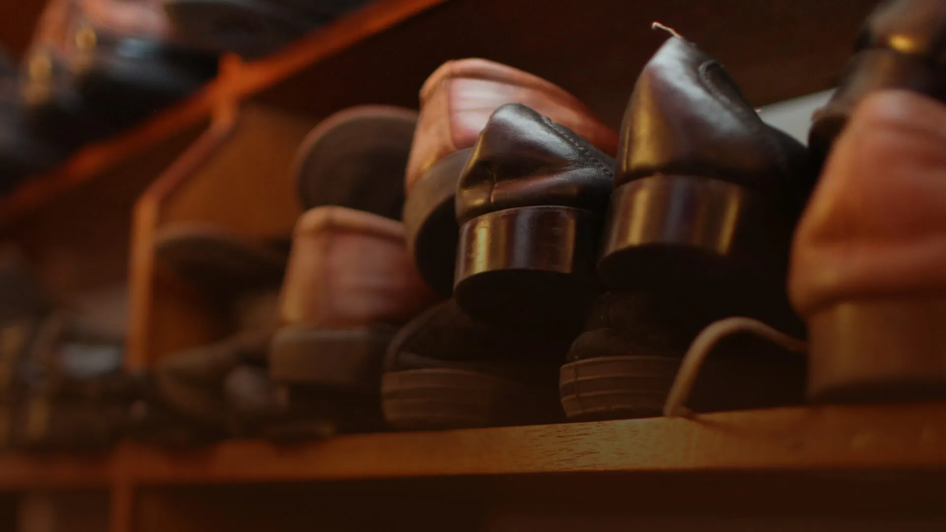 Row of various shoes arranged on a wooden shoe rack, viewed from the back of the heels.