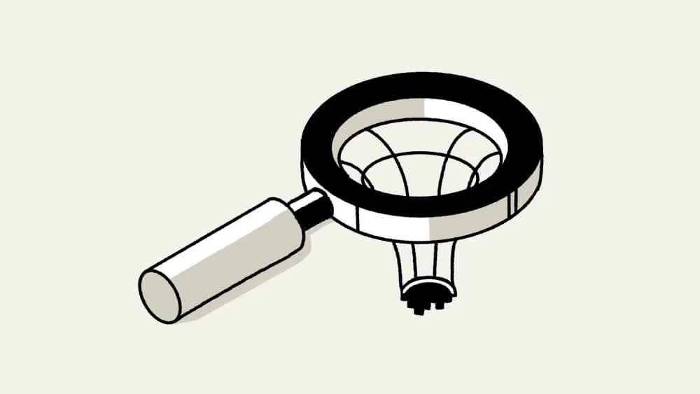 Illustration of a hand magnifying glass with a funnel shape inside the lens.