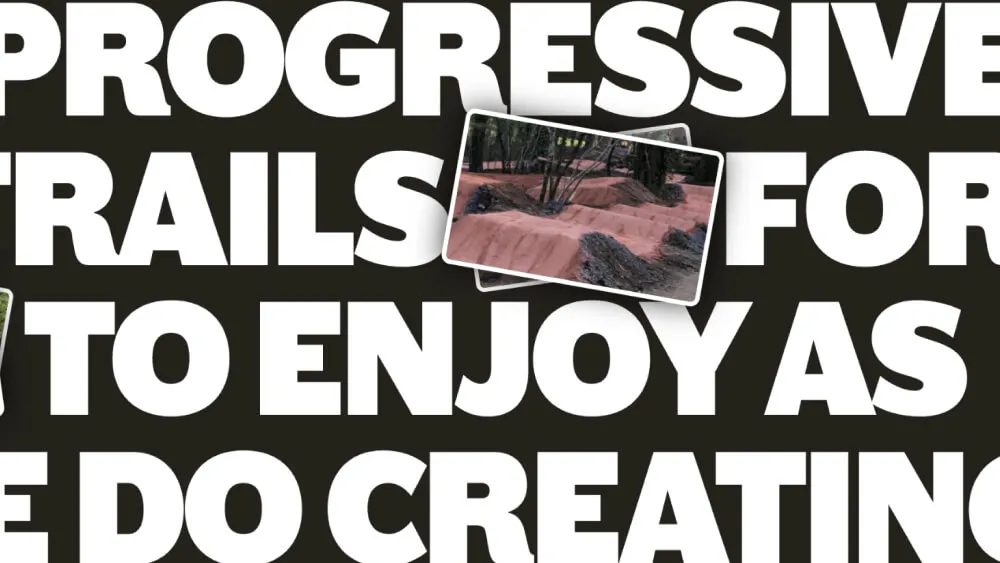 Bold white text reading 'Progressive trails for to enjoy as we do creating' on a black background with a small overlapping photo of a tree-lined dirt trail.